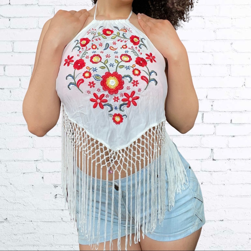 Floral Paisley Fringe Boho Tropical Halter Tie Bandana Crop Top